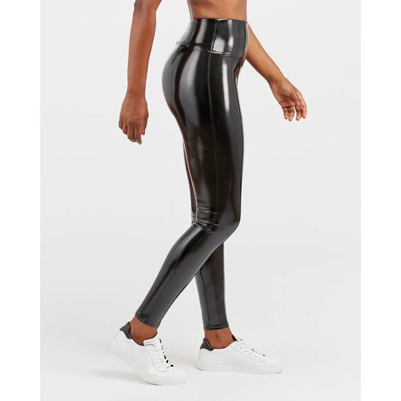 Spanx Faux Patent Leather Leggings Black Medium Petite High Rise Edgy Cool - Picture 3 of 11